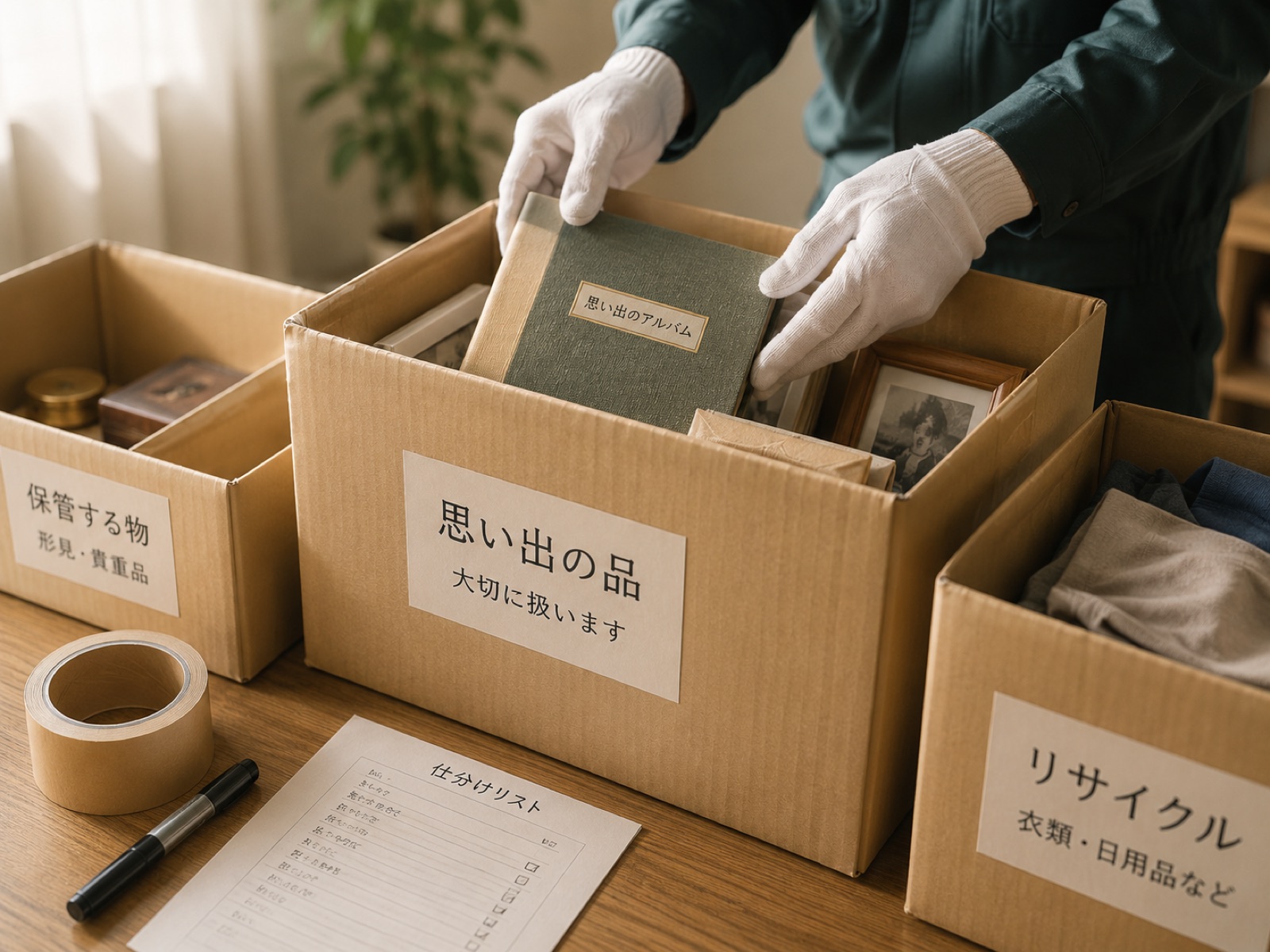 保管する物・思い出の品・リサイクルに分けた仕分け箱（写真はイメージ）